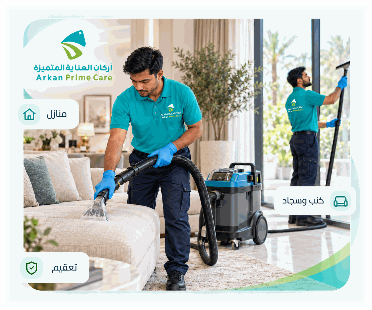 Arkan Prime Care team steam-cleaning a sofa and curtains